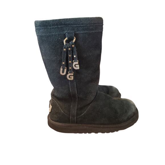 UGG Boots Sz 5 Larynn Tall Black Suede Fur Lined Ugg Rhinestone Charms - Picture 2 of 7